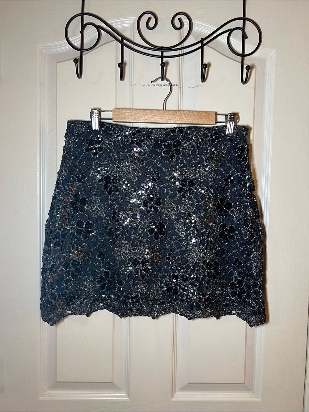 Zara Black Sequin Lace Mini Skirt Floral Crochet Overlay Party Size L